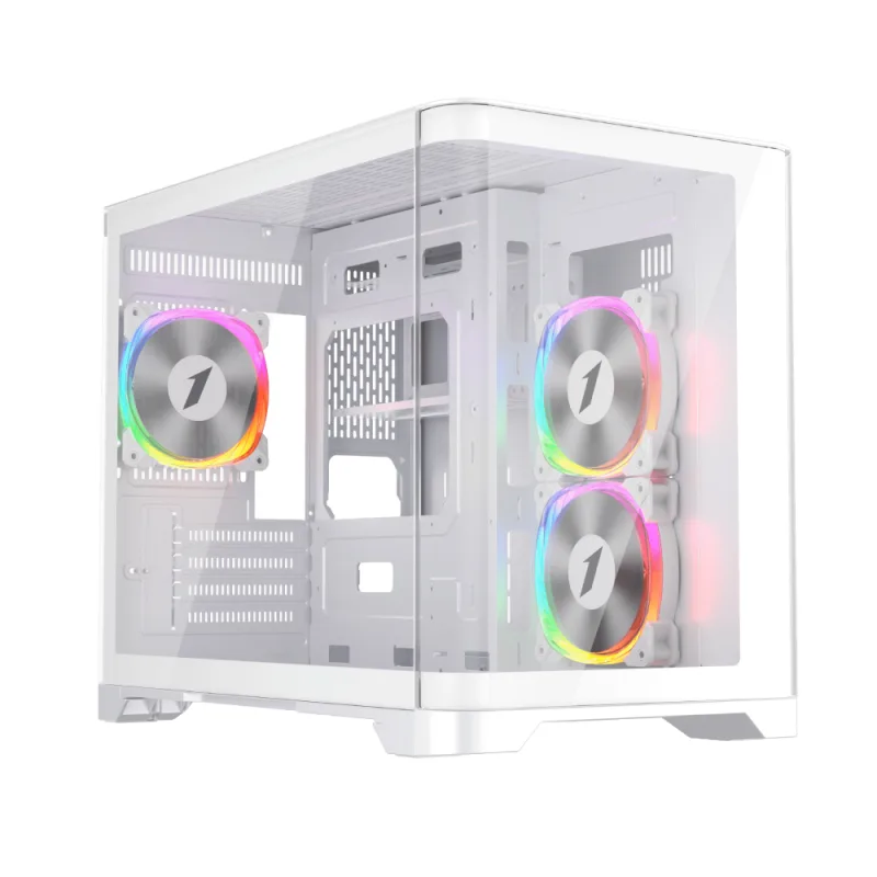 1st Player UV6 Tempered Glass Micro ATX Gaming Case - White with 3 RGB Fans