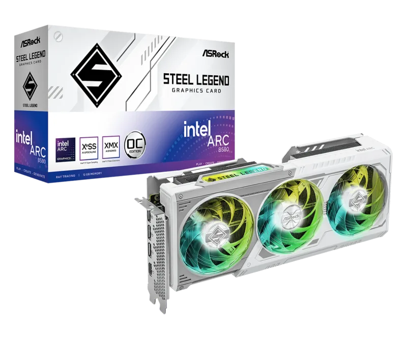 ASRock Intel Arc B580 Steel Legend OC 12GB GDDR6 Triple Fan Graphics Card - White - B580 SL 12GO