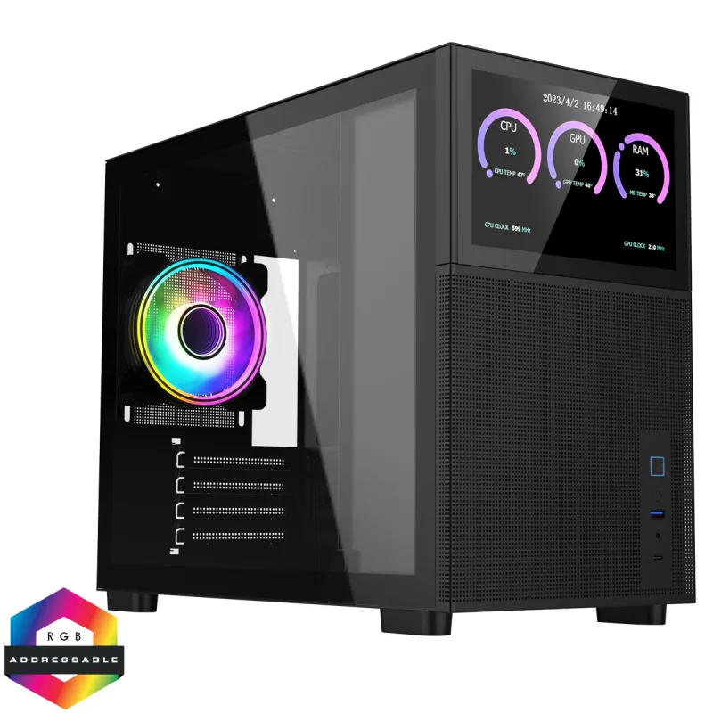 CiT Pro Jupiter Black Micro-ATX PC Gaming Case with 8" Screen - CIT-PRO-JUP-B