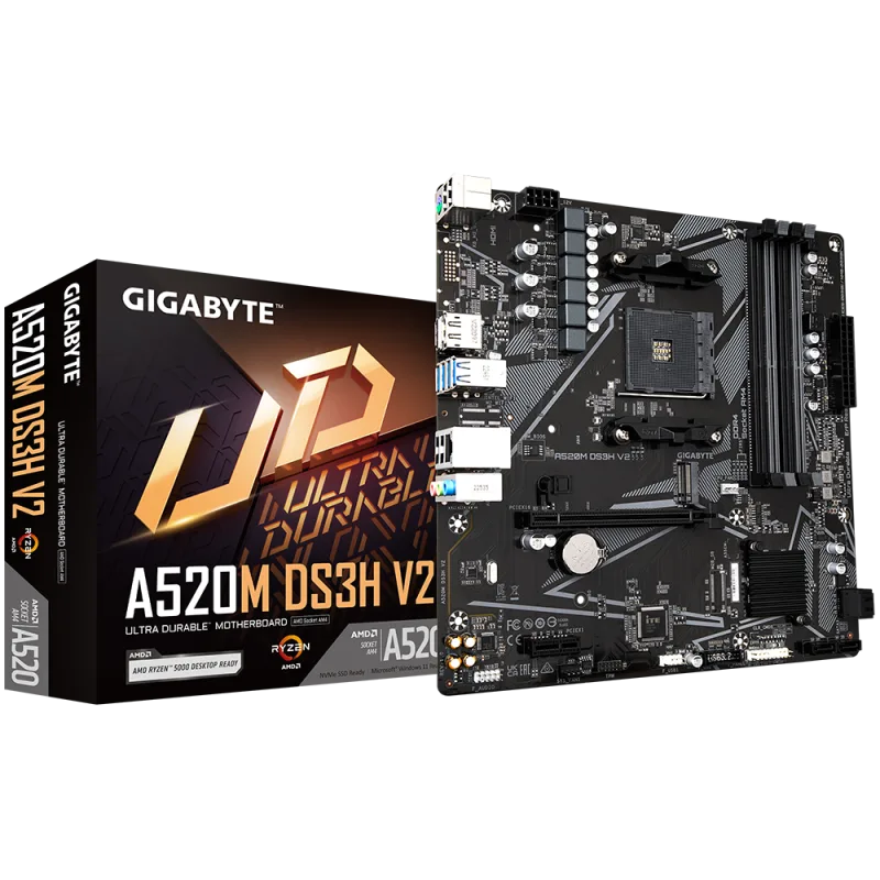 GIGABYTE AMD A520M DS3H V2 AM4 DDR4 Micro ATX Motherboard - Performance, NVMe PCIe, GbE LAN, HDMI 2.1, Smart Fan 5