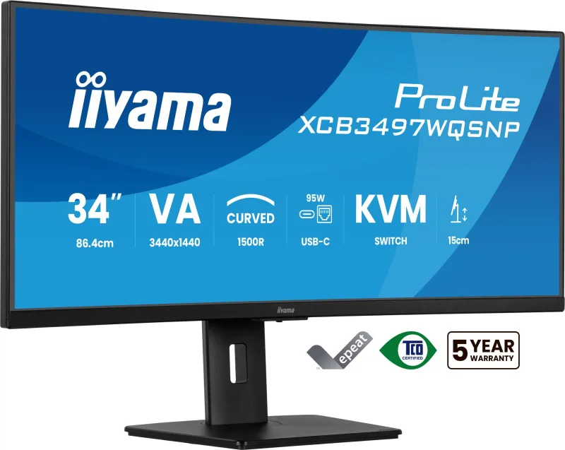 iiyama Prolite XCB3497WQSNP-B1 34" Curved UWQHD USB-C 95W RJ45 Height Adjust Docking Monitor