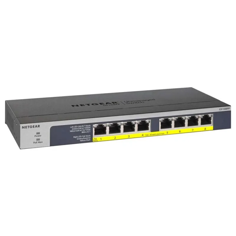 NETGEAR GS108PP 8-Port Gigabit Unmanaged Switch - 16 Gbit/s Capacity, PoE, IEEE Standards, Wall/Rack Mountable