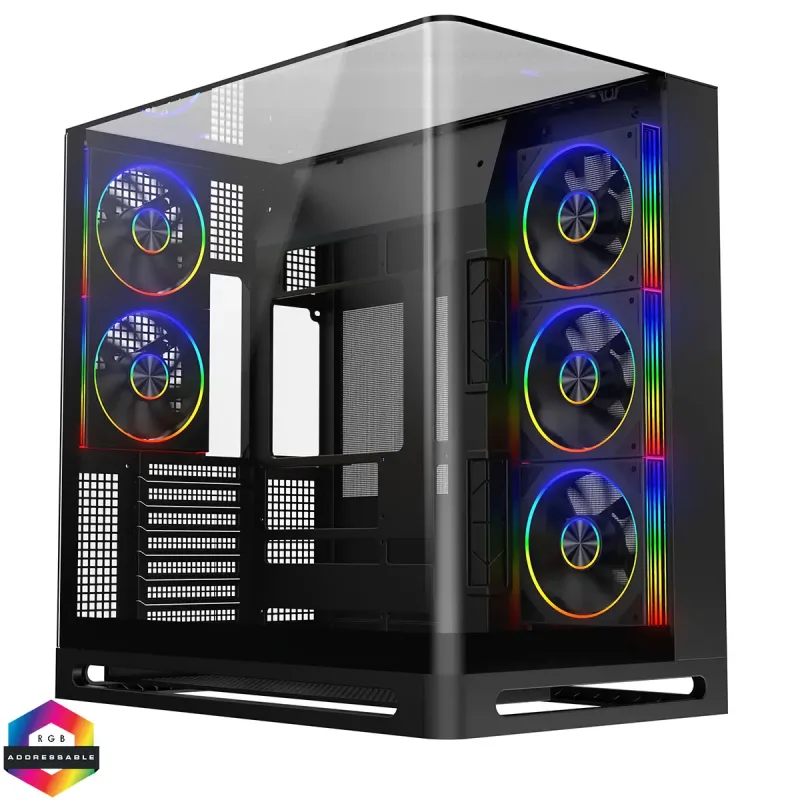 Powercool Navigator ARGB Tempered Glass Mid-Tower ATX Gaming PC Case with 5 x Saturn Fans - Black